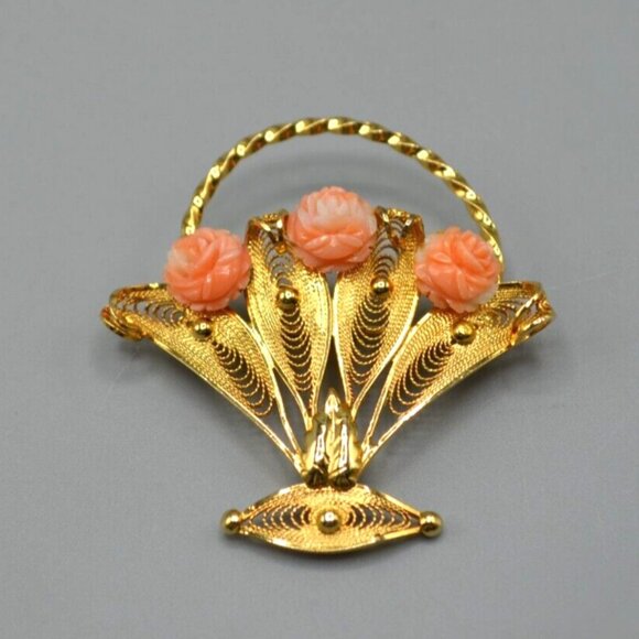 Sorrento Filigree Flower Basket Brooch 1/20 12K Gold Filled Signed Vtg Pin - Picture 1 of 11